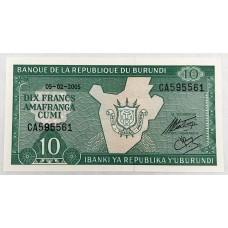 BURUNDI 2005 . TEN 10 FRANCS BANKNOTE